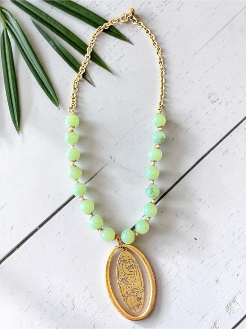 Vintage XC Signed Celestial Sun Moon Stars Necklace Green Beads Boho Astrology